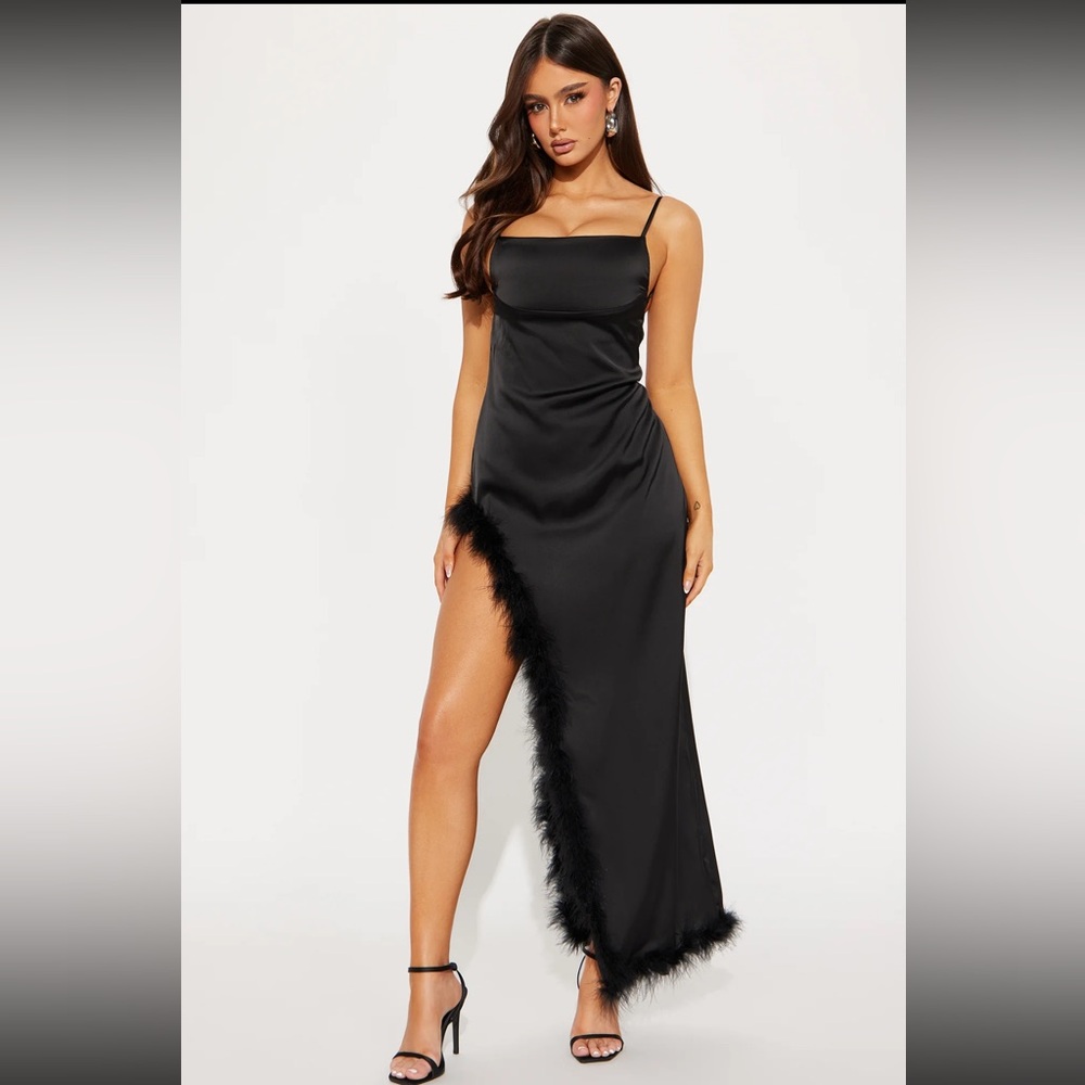 Fashion Nova Penny Feather Satin Maxi Dress